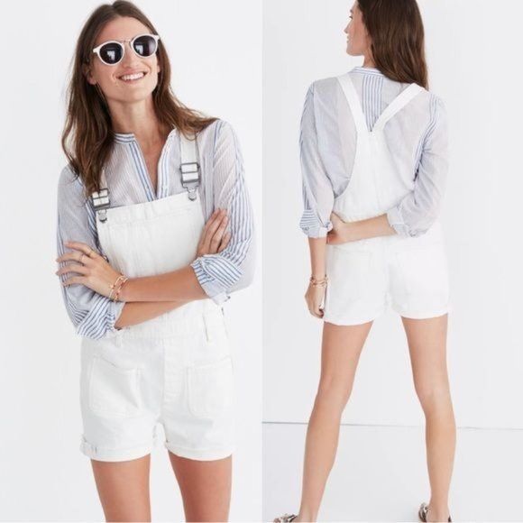 MADEWELL | Adirondack Denim White Washed Jean Shorts Overalls in ‘Tile White’ - Picture 1 of 12